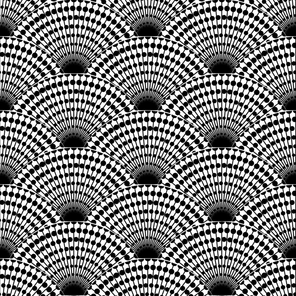 Wavy seamless black and white pattern. Seigaiha ornament in Japanese style. Doodle print polka dot hand drawn. Peacock tail. Banner Vector illustration isolated on white background
