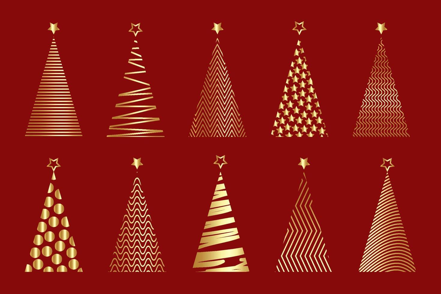 Conjunto de árbol de Navidad estilizado de vector de oro, icono de logotipo festivo aislado sobre fondo rojo.