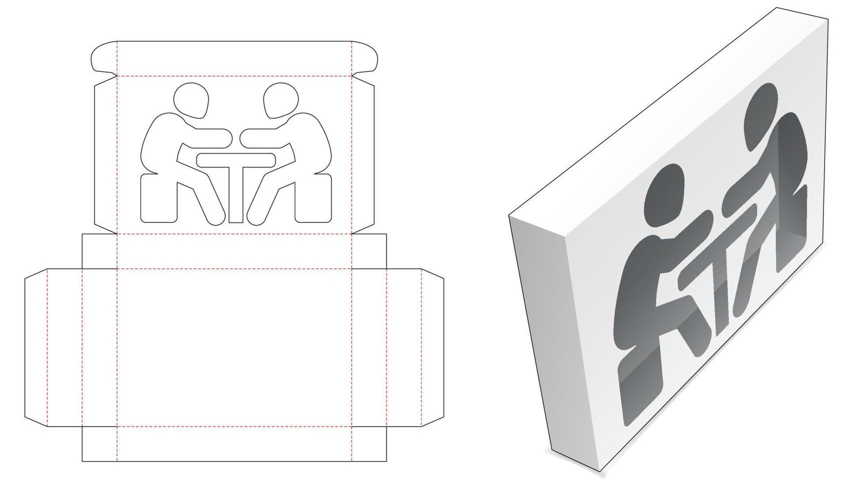 Cardboard tin packaging box with meeting man window die cut template vector