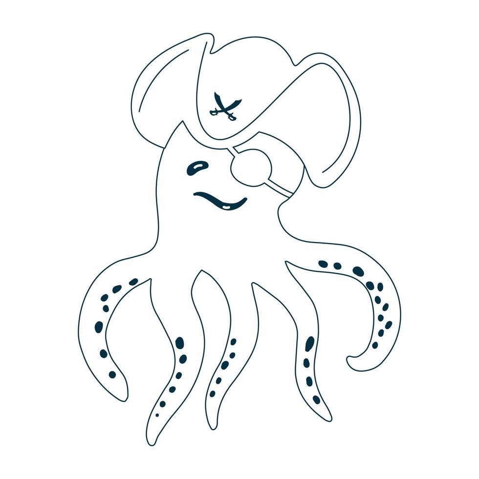 Funny octopus in a pirate cocked hat and bandage isolated on a white background. Marine mammal in the form of a pirate. Handdrawn vector illustration