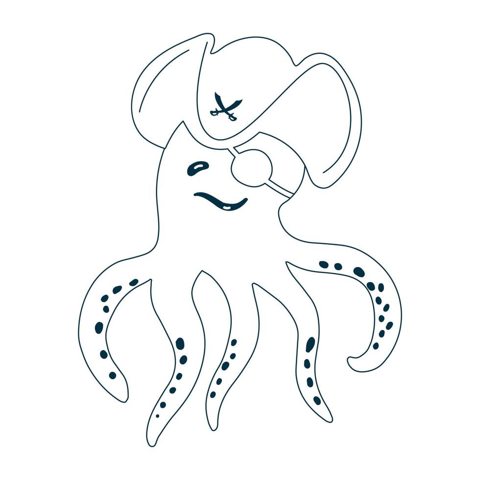 Pulpo divertido en un sombrero de tres picos pirata y una venda aislado en un fondo blanco. mamífero marino en forma de pirata. ilustración vectorial dibujada a mano vector