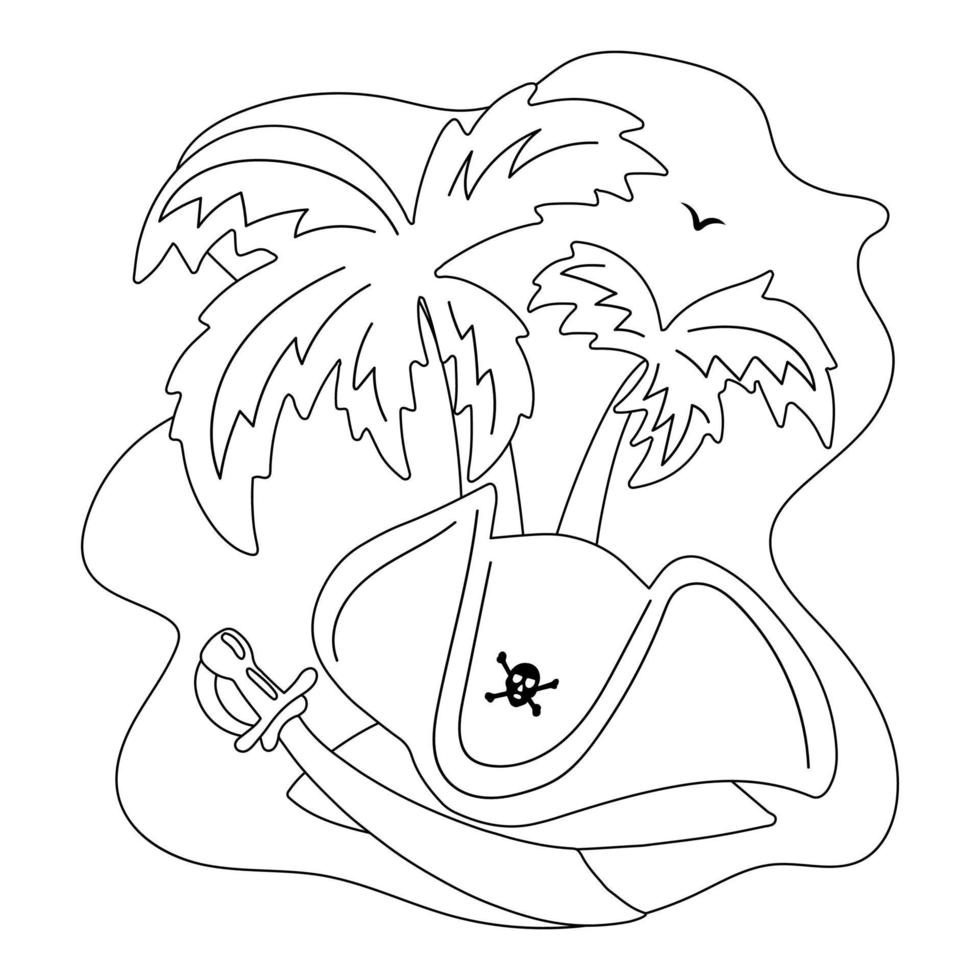 sombrero de pirata con sable y palmeras en el fondo. página para colorear  de los niños. ilustración vectorial con objetos aislados en estilo dibujado  a mano. libro para colorear para niños 4258705