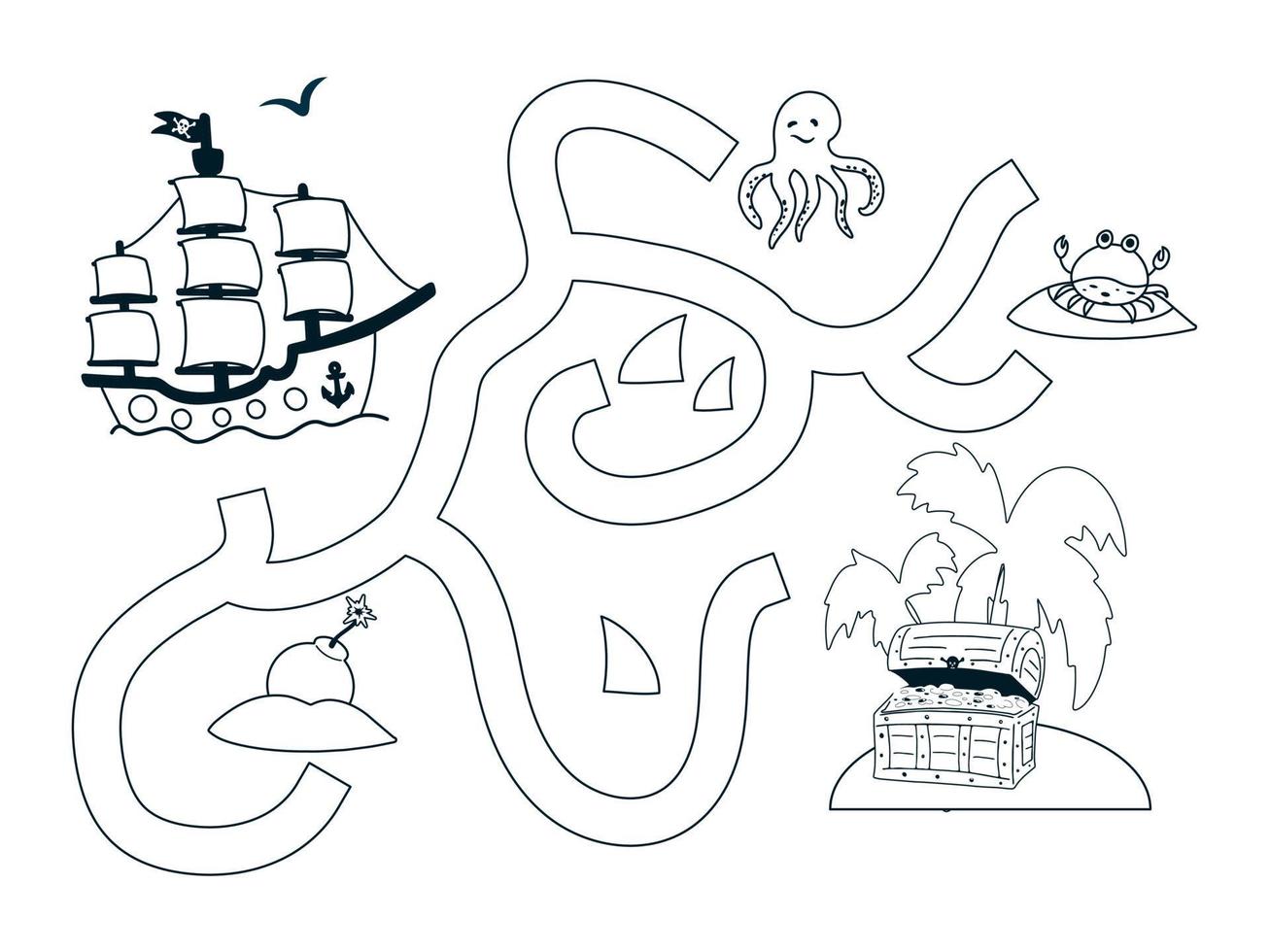 Help the pirate ship find the way to the island. Cute cartoon pirate maze game. Labyrinth. Funny game for children education. Vector illustration