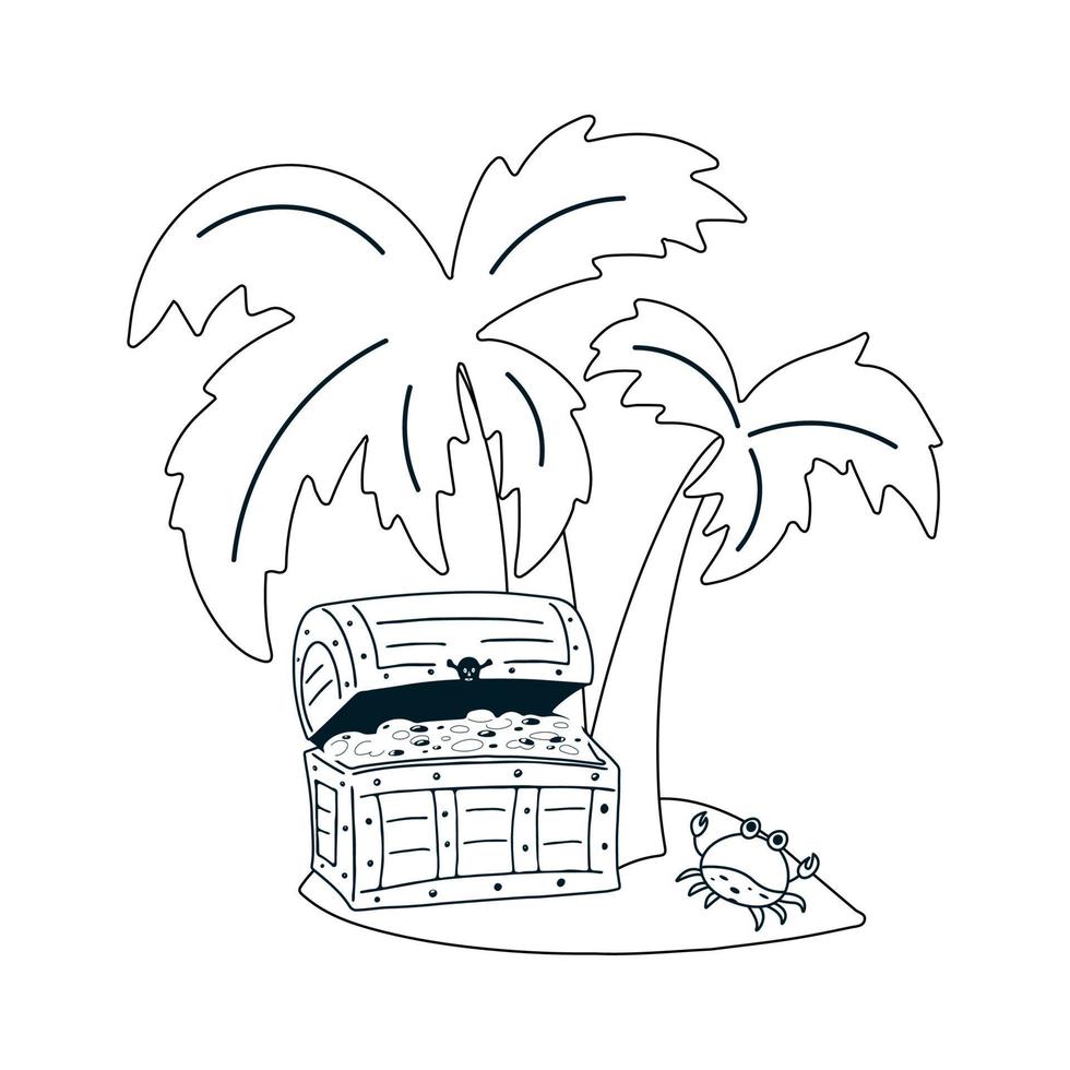 An island with a pirate treasure chest, palm tree and crab. Adventure concept from vector isolated illustrations. Set of elements.