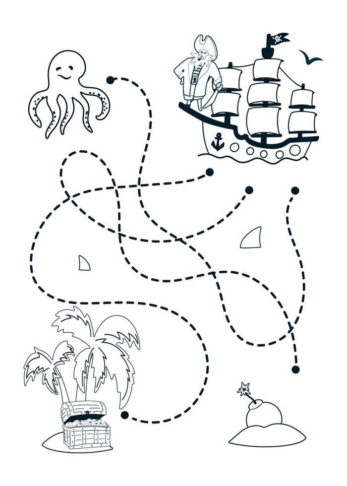 Help the pirate ship find the way to the island. Cute cartoon pirate maze game. Labyrinth. Funny game for children education. Vector illustration