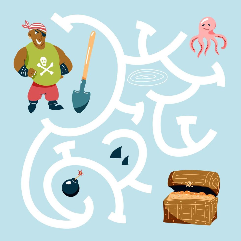 Help a pirate with a shovel to get to the treasure chest by avoiding traps. Cute hand drawn maze game. Labyrinth. Funny game for children education. Vector illustration