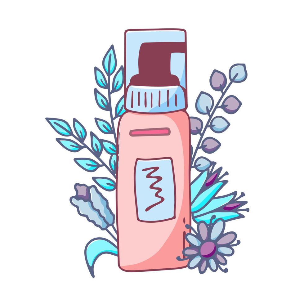 Cosmetic for skin care. Bottle with essence or lotion and floral elements, isolated on white background. Vector illustration in hand drawn style. Beauty concept.