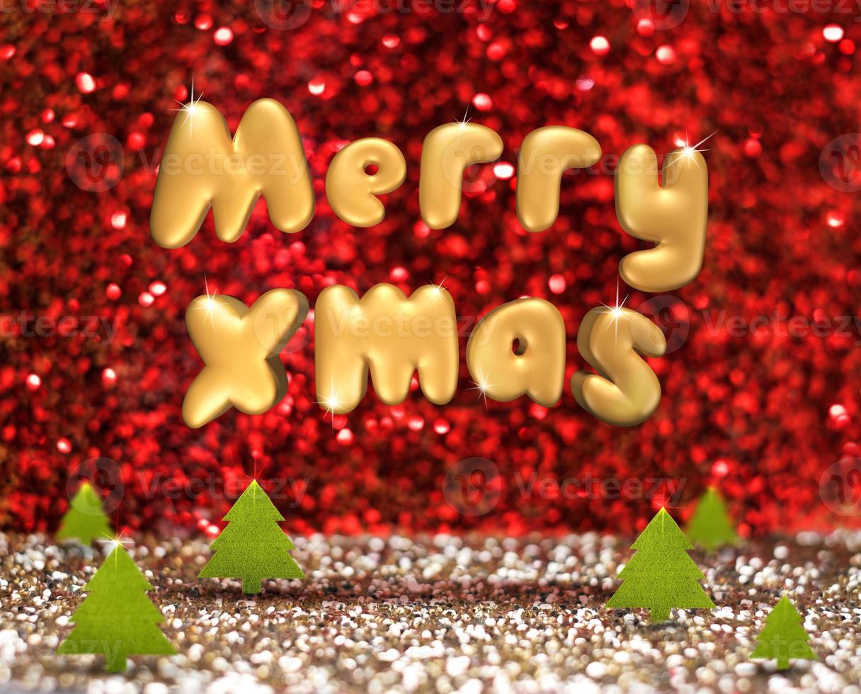 Merry xmas  floating over green christmas tree in red and gold glitter studio photo