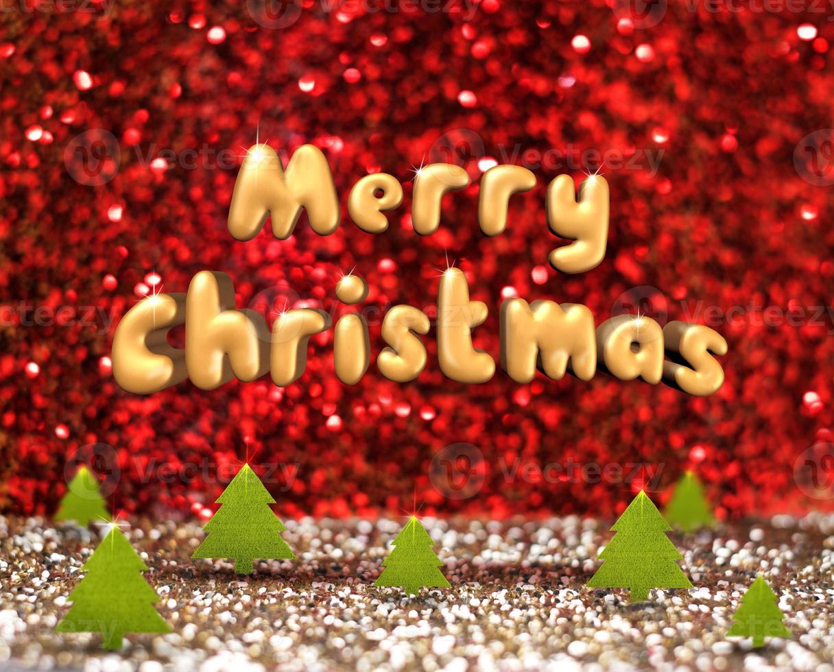 Merry Christmas floating over green christmas tree in red and gold glitter photo