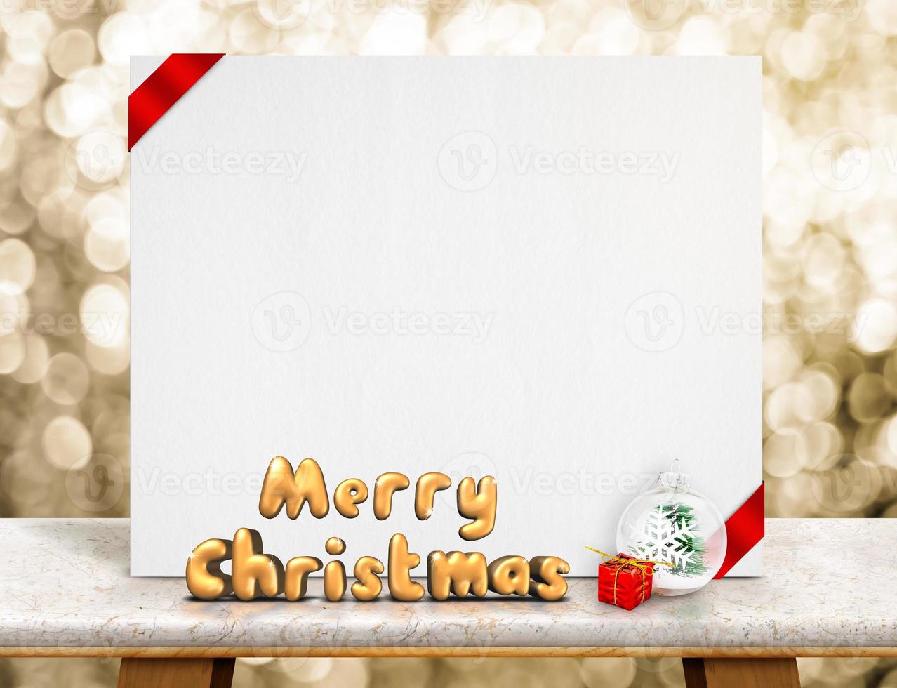Merry Christmas 3d rendering with xmas ball in front of  white card with red ribbon photo