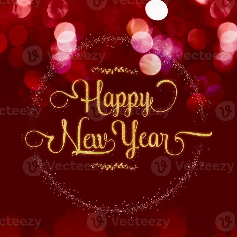 Happy new year gold glitter texture with star wreath on red velvet color bokeh light sparkling photo