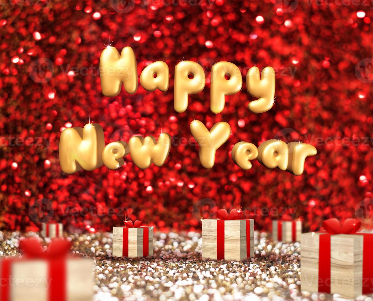 Happy New Year floating over wood present box in red photo