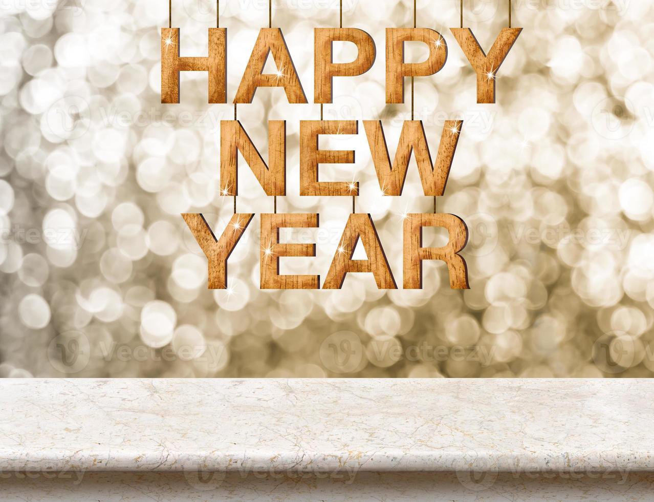 Happy New Year wood texture on marble table with sparkling bokeh wall photo