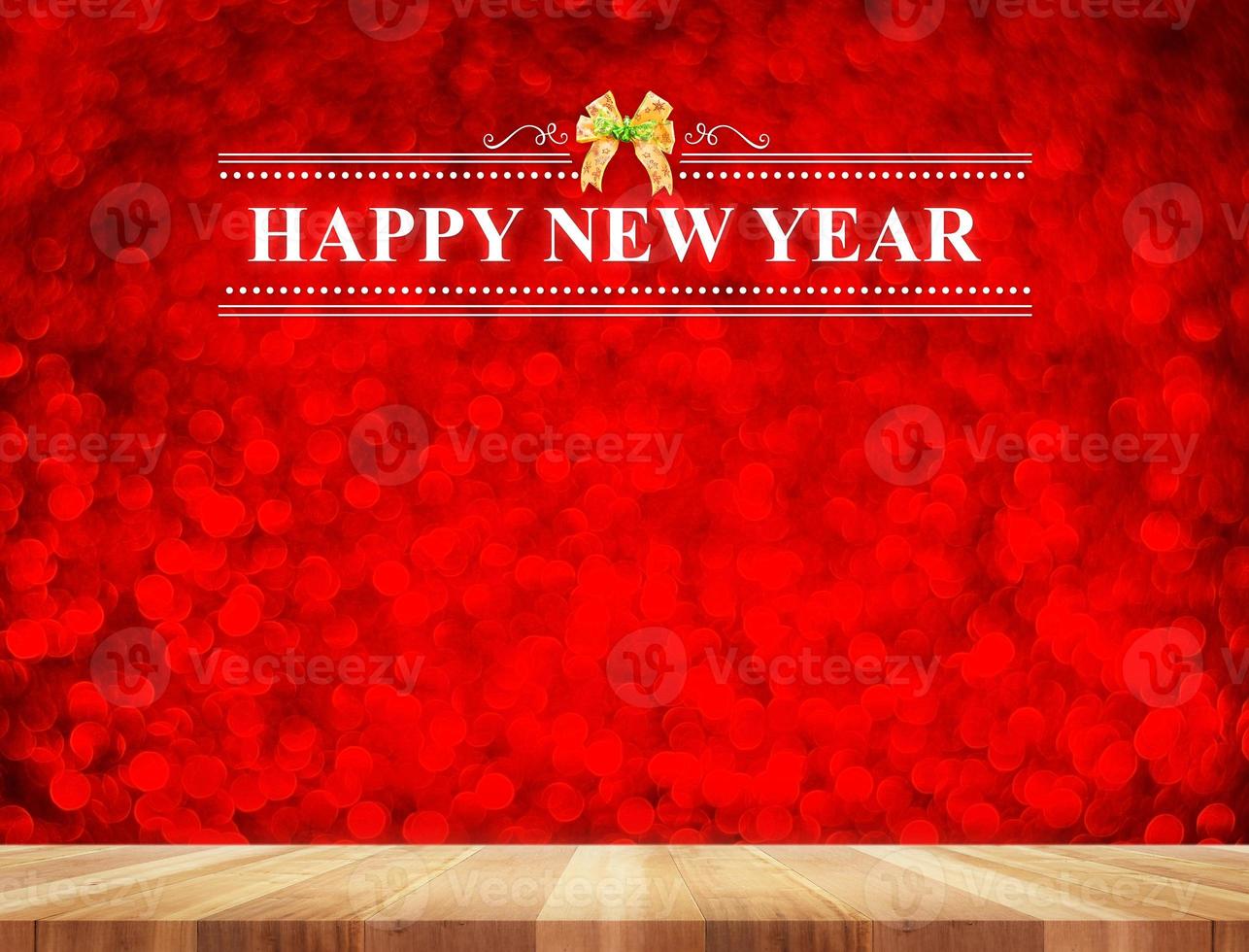 Happy New Year word in perspective room with red sparkling bokeh lights and wooden floor, photo