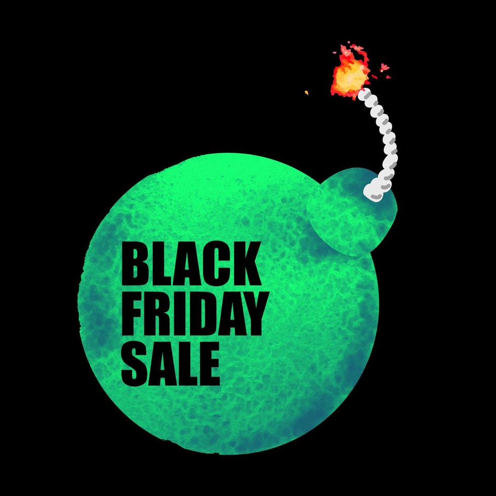 Illustration of Black Friday Sale banner with watercolor green bomb on white background. Inscription design template vector