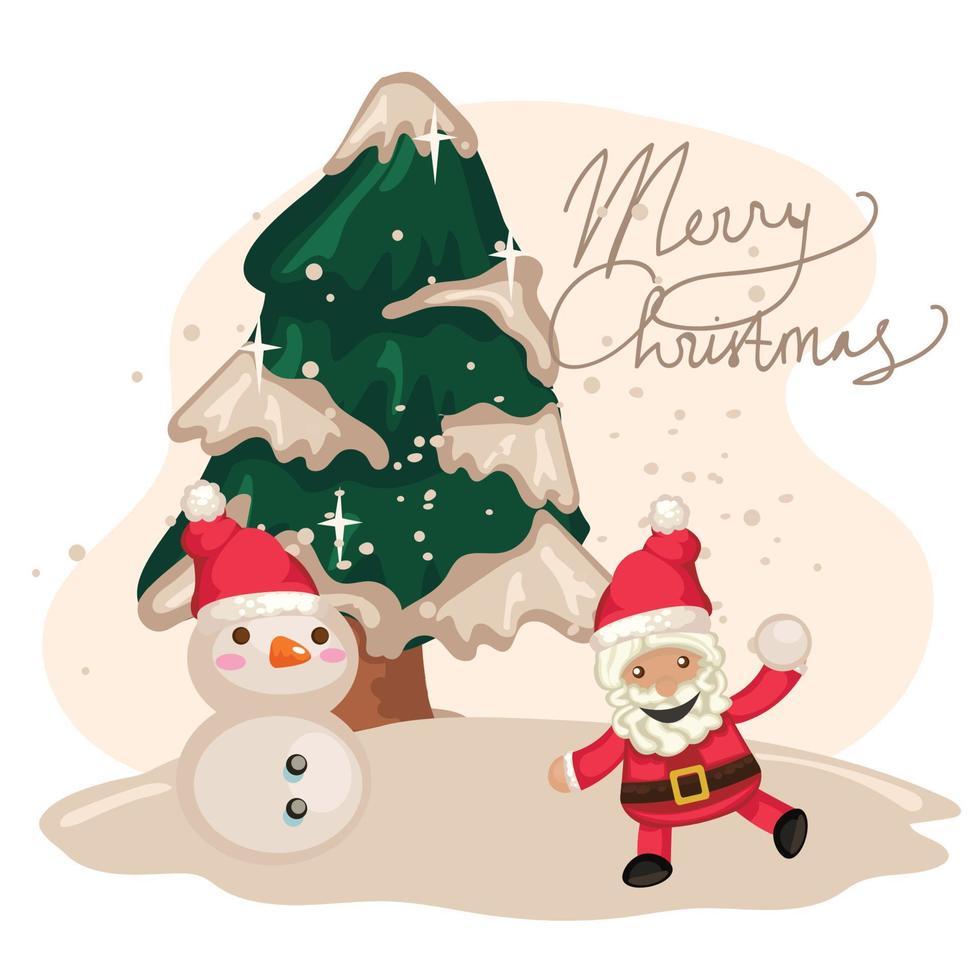 Christmas tree with snowman and Santa Clues enjoying winter vector