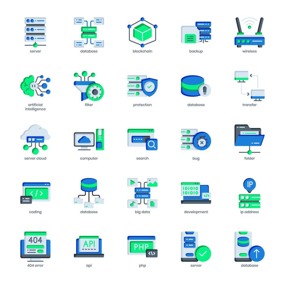 paquete de servidor y base de datos para el diseño de su sitio web, logotipo, aplicación, interfaz de usuario. diseño plano del icono del servidor y de la base de datos. Ilustración de gráficos vectoriales y trazo editable. vector