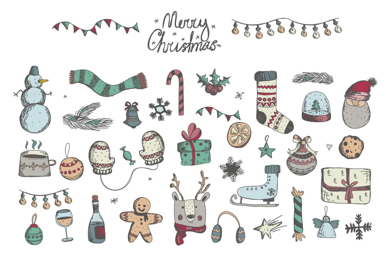 Hand drawn sketch Merry Christmas and Happy New Year set. Big set of Christmas design doodle elements vector