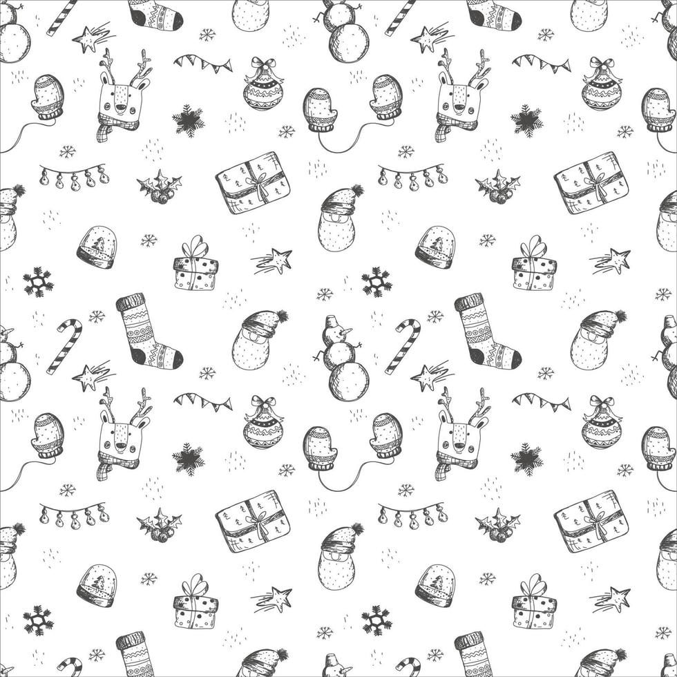 Seamless Christmas vector hand drown pattern. Holiday decorations. Seamless Christmas and New Year pattern. Warm crocheted winter mittens and various sweets.