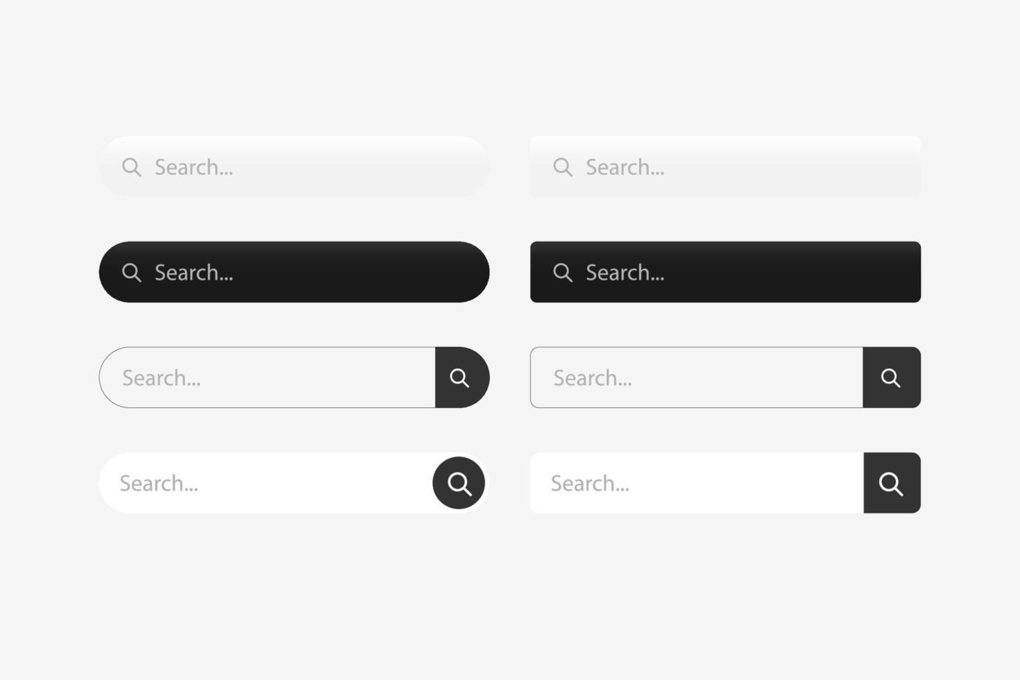 barra de búsqueda de interfaz de usuario, diseño y sitio web. dirección de búsqueda e icono de barra de navegación. colección de plantillas de formularios de búsqueda para sitios web vector