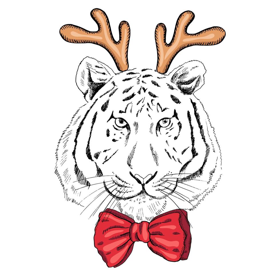 Retrato dibujado a mano de un tigre de año nuevo con cuernos de ciervo y una pajarita alrededor del cuello. ilustración vectorial. boceto de línea vintage. ilustración de navidad. vector
