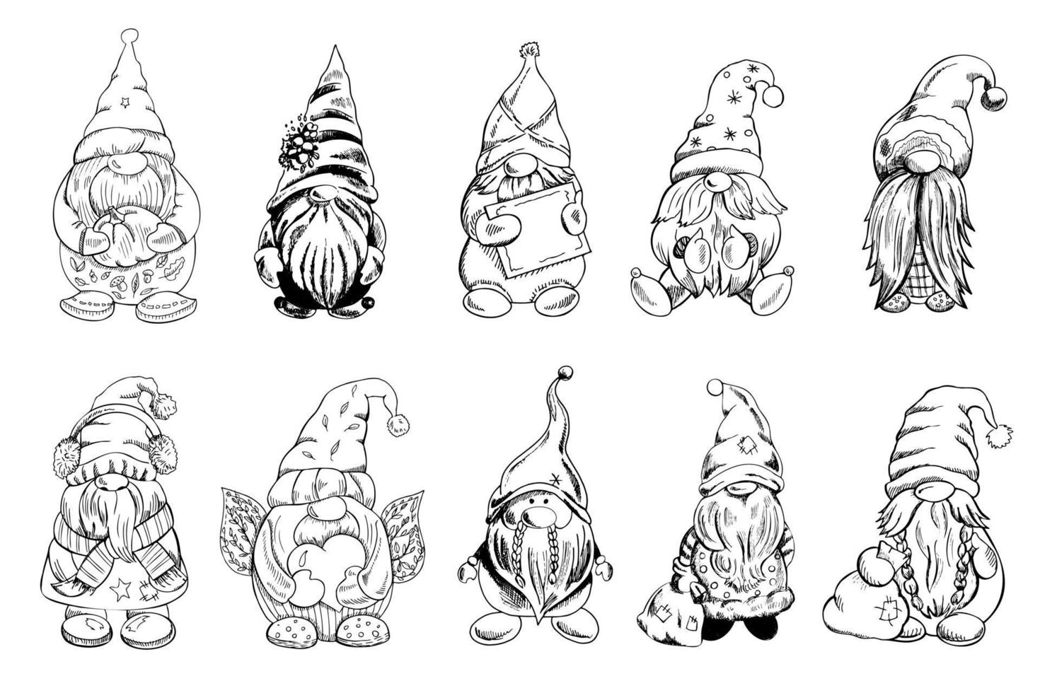 A set of hand-drawn gnomes for the New Year, Valentine's Day, Halloween. Vintage vector illustration. New Year, and Christmas illustration.  New Year, Valentine's Day, Halloween illustration.