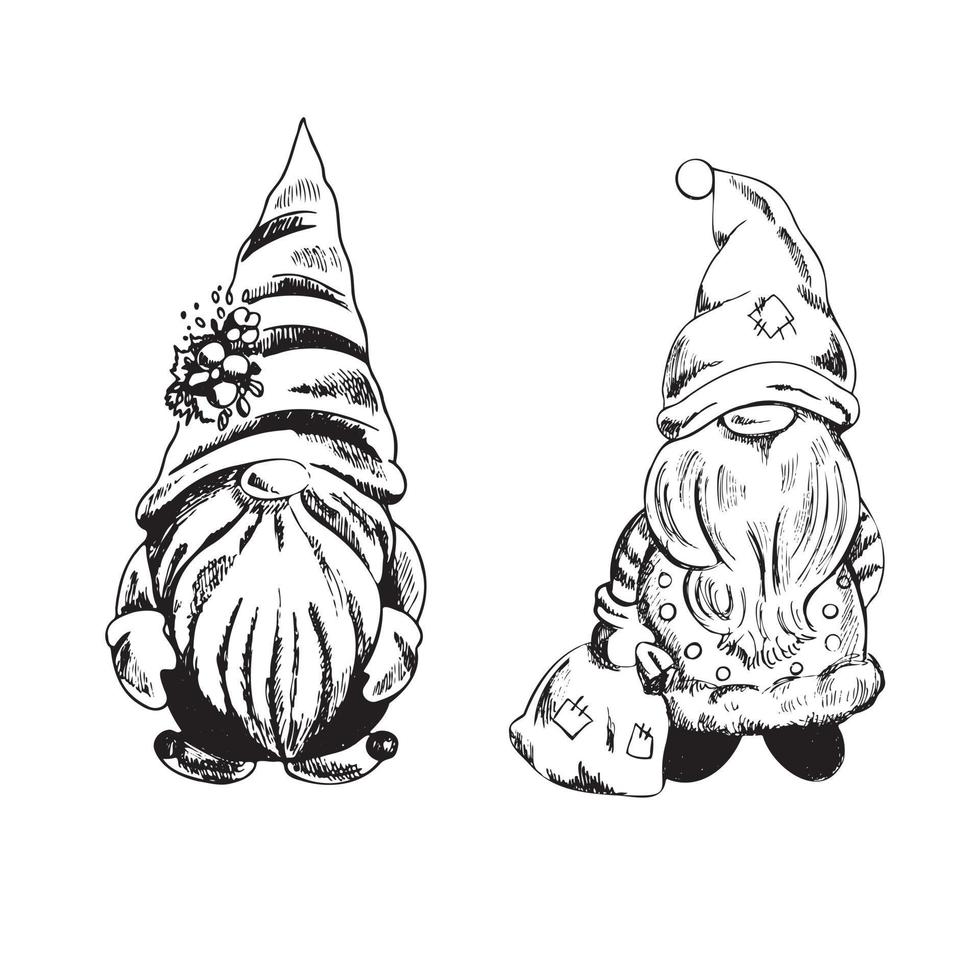 A set of hand-drawn gnomes for the New Year and Christmas. Vintage vector illustration. New Year, and Christmas illustration.