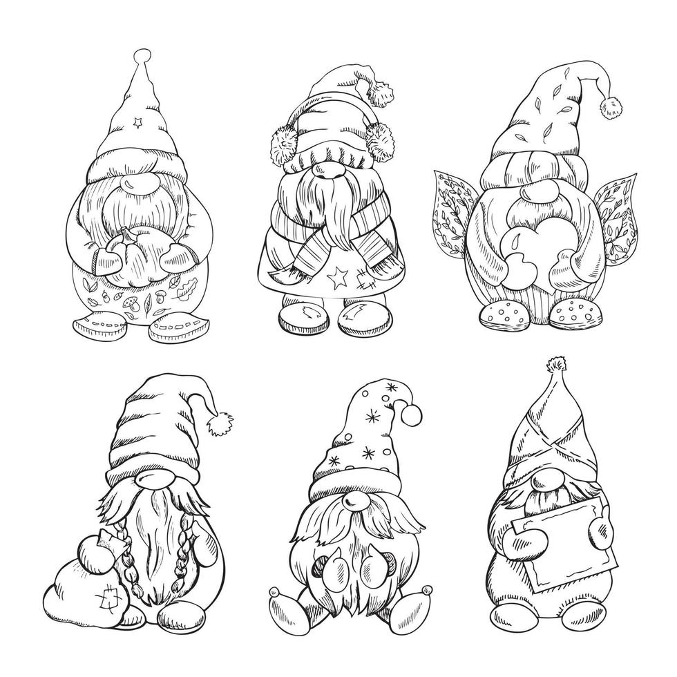 A set of hand-drawn gnomes for the New Year, Valentine's Day, Halloween. Vintage vector illustration. New Year, and Christmas illustration.  New Year, Valentine's Day, Halloween illustration.