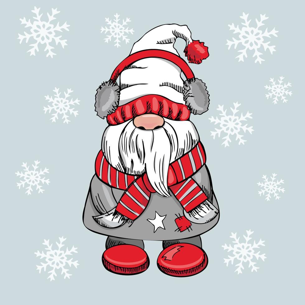 A hand-drawn gnome for New Year or Christmas with snowflakes on a blue background. The Scandinavian gnome. Vintage vector illustration.