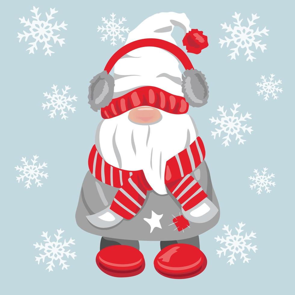 Vector gnome for New Year or Christmas with snowflakes on a blue background. The Scandinavian gnome. Vector illustration.