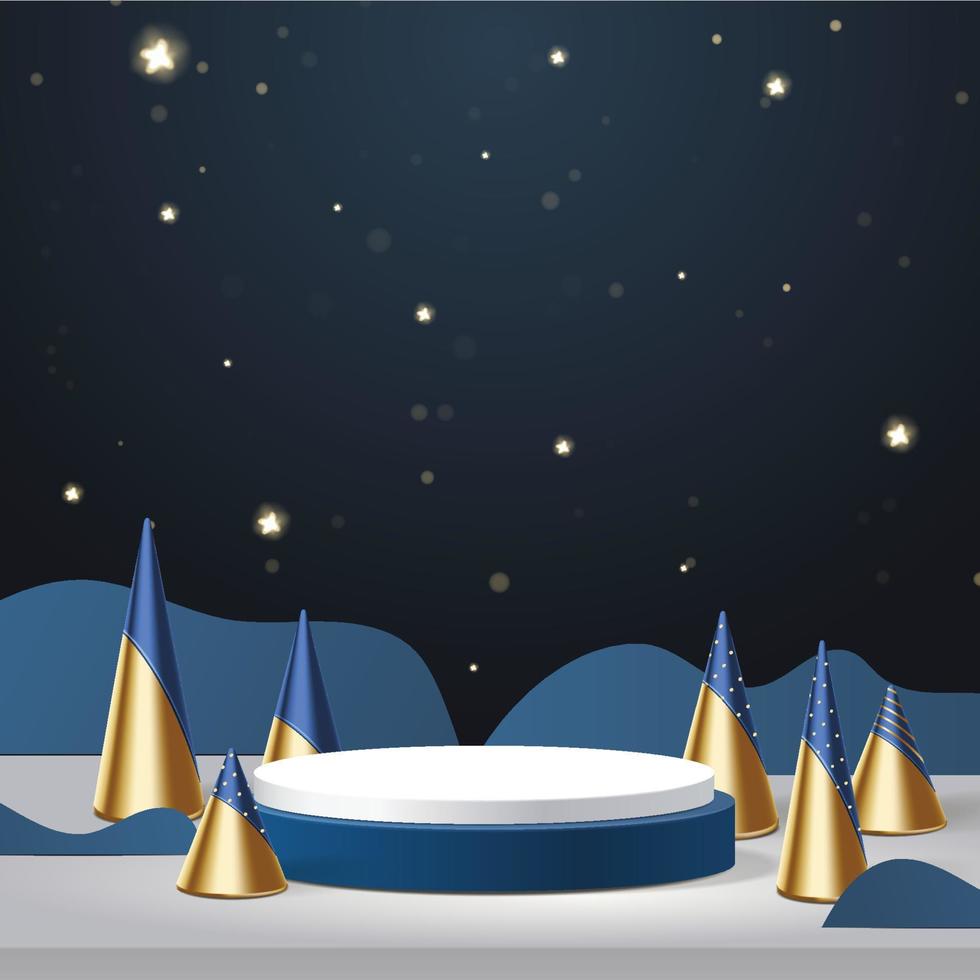 Christmas and new year 3D scene, podium for product display in blue background. vector