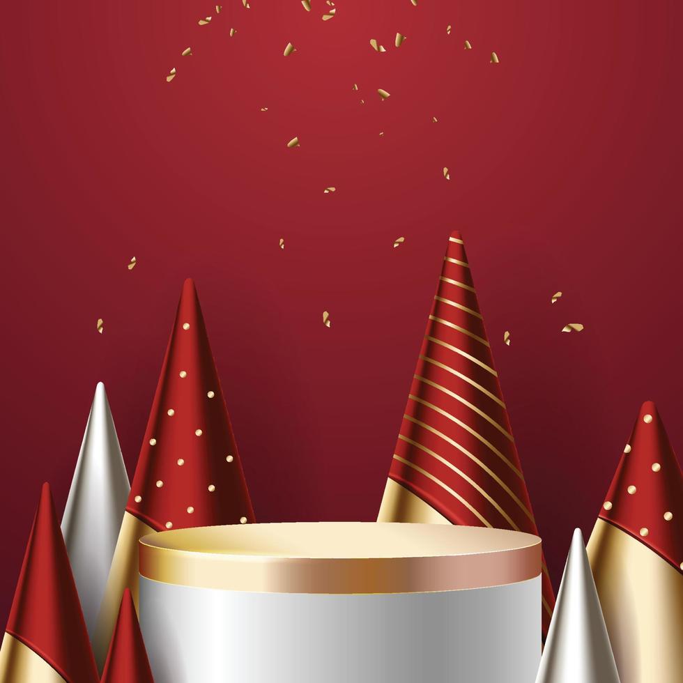 Christmas and new year 3D scene, podium for product display in red background. vector