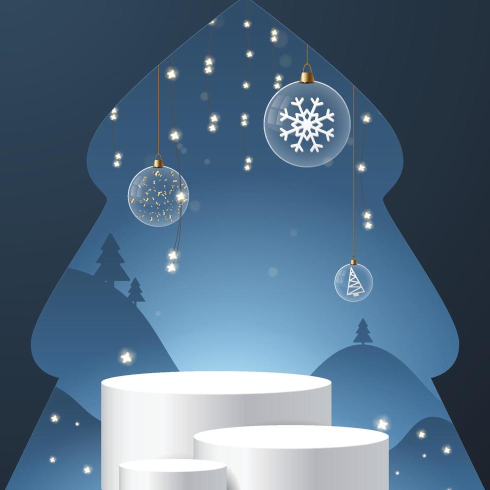 Christmas and new year 3D scene, podium for product display in blue background. vector