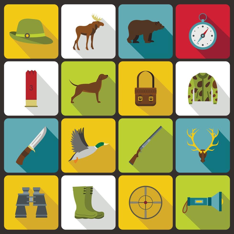 Hunting icons set in flat style vector