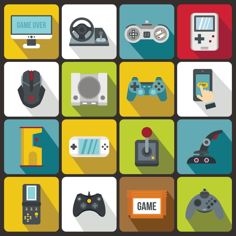 Conjunto de iconos de videojuegos, estilo plano vector