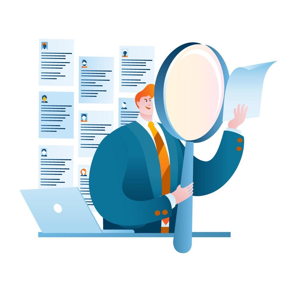 HR Manager uses a magnifying glass to view various resumes vector