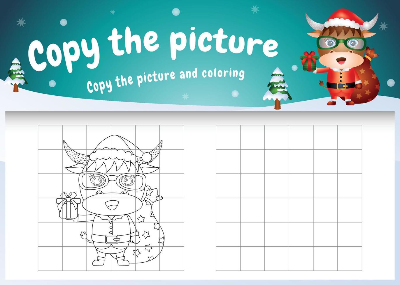 Copy the picture kids game and coloring page with a cute buffalo using santa costume vector