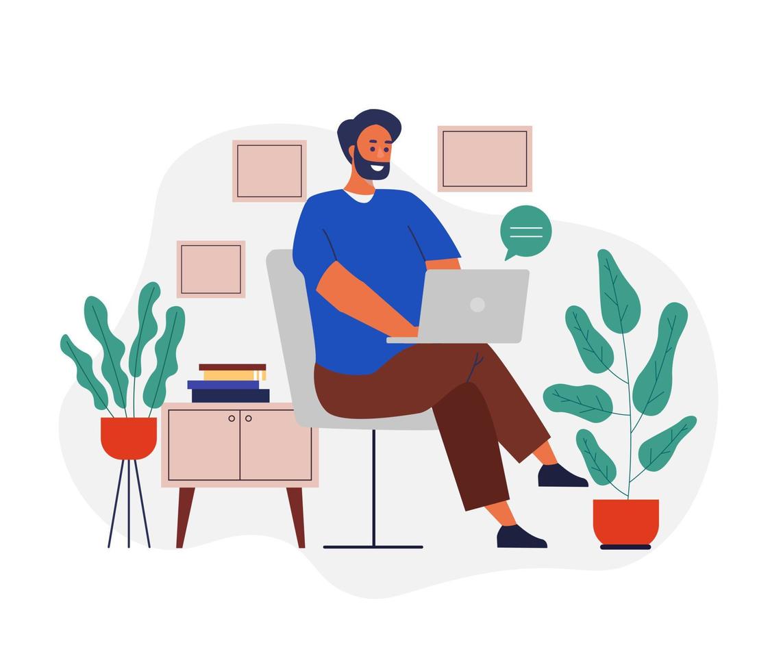 Smiling freelancer male working remotely use laptop vector flat illustration.