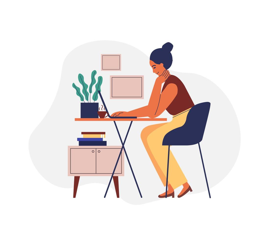 Woman work at home office with cozy modern workplace. Remote employee on chair working online at desk with desktop computer and coffee cup. Flat vector illustration