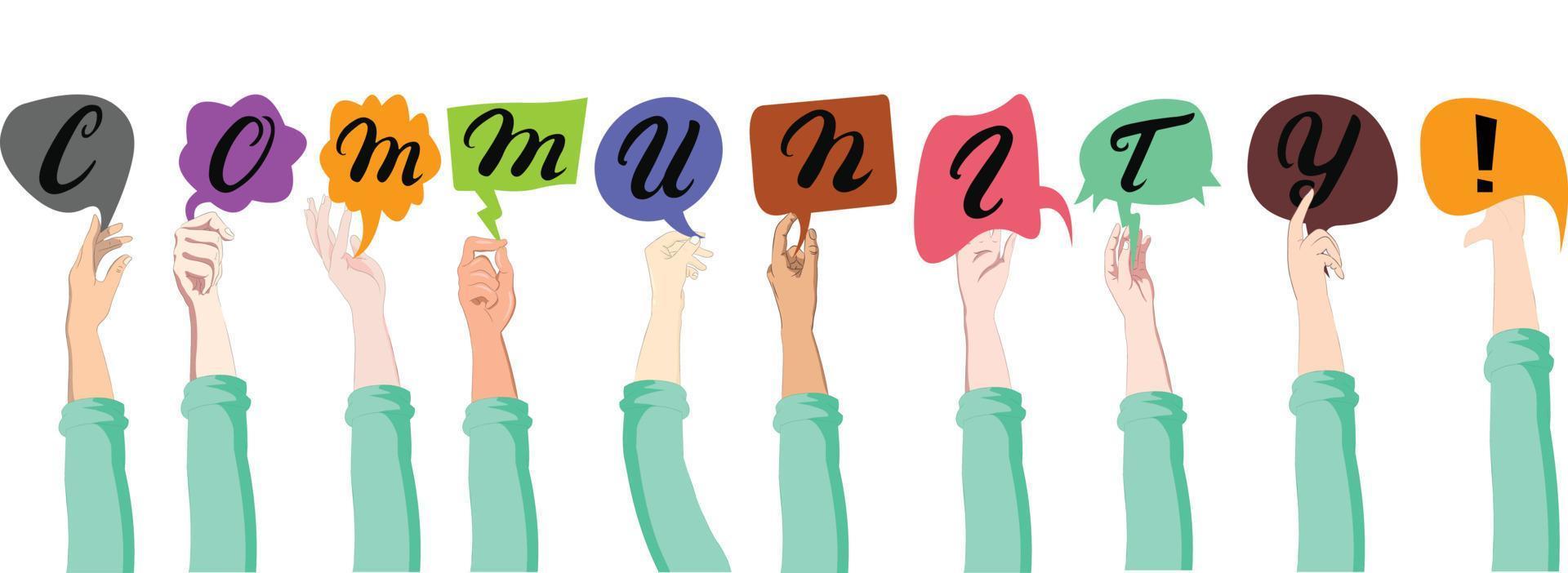 Raised arms of a group of international people holding the letters forming the word community in their hands. vector