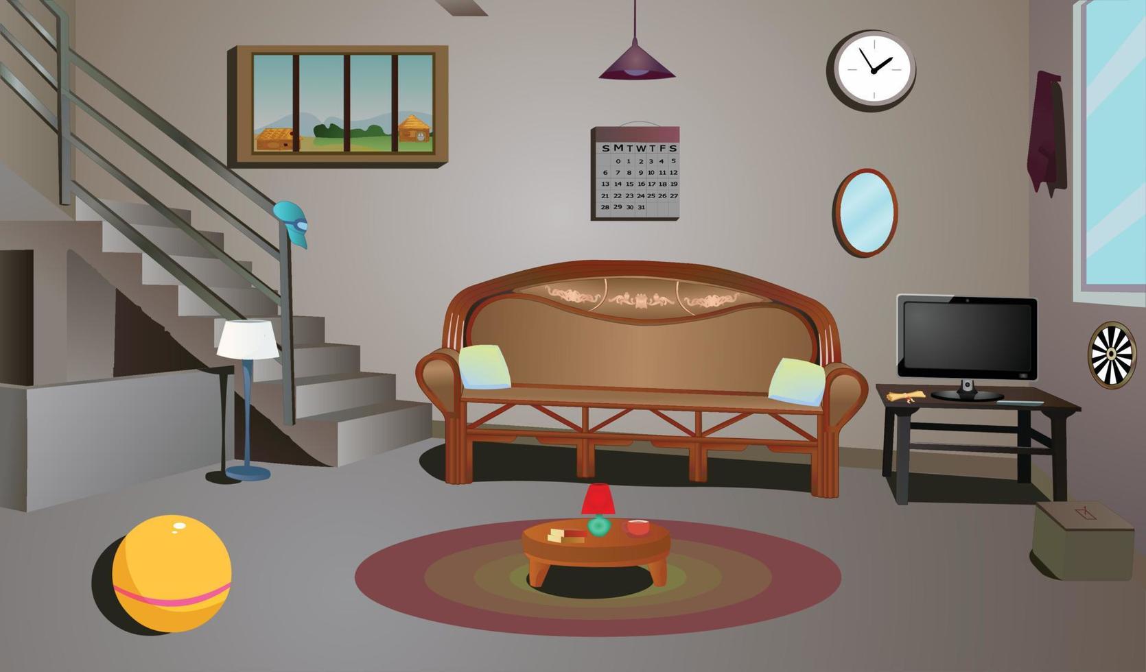 moderna sala de estar de pueblo dentro del arte con sofá, led, ventana, mesa, pelota, lámpara, reloj, etc. vector