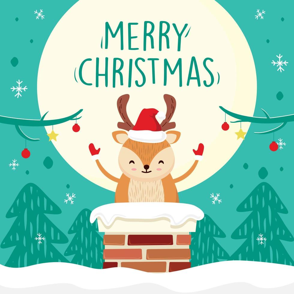 Merry Christmas Cartoon Cute Deer in Chimney Illustration - Green Full Moon Greeting Cards Vector