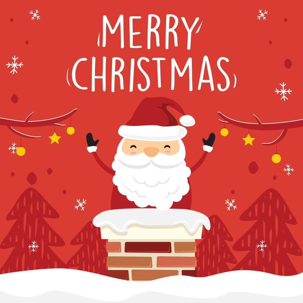 Cute Santa Claus Chimney Merry Christmas Cartoon - Red Greeting Cards Vector