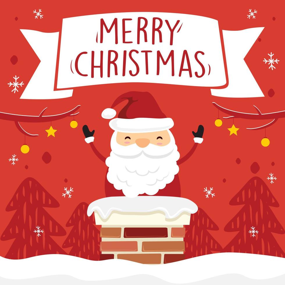 Cute Santa Claus Chimney Merry Christmas Cartoon - Red Ribbon Banner Greeting Cards Vector