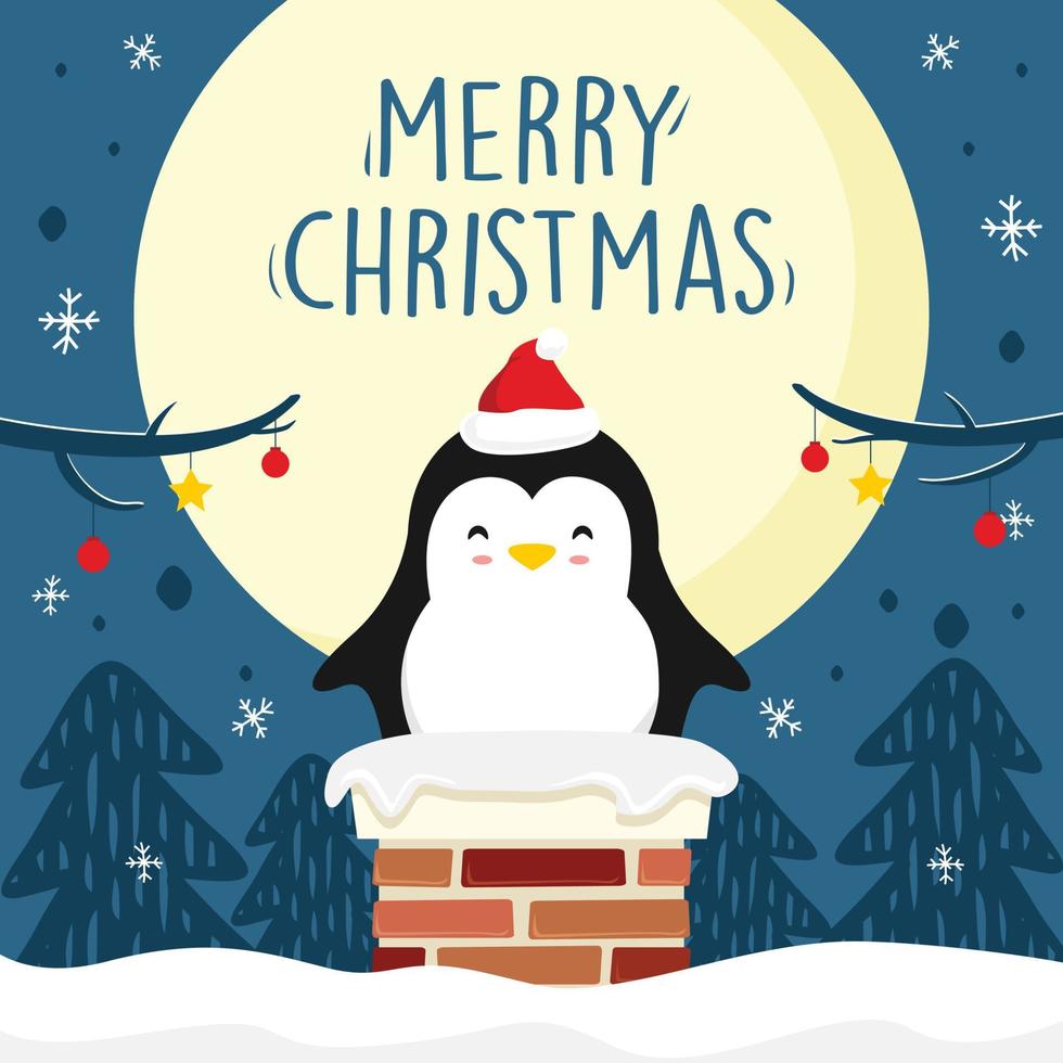 Penguin Cartoon Chimney Merry Christmas Full Moon Xmas Vector Blue