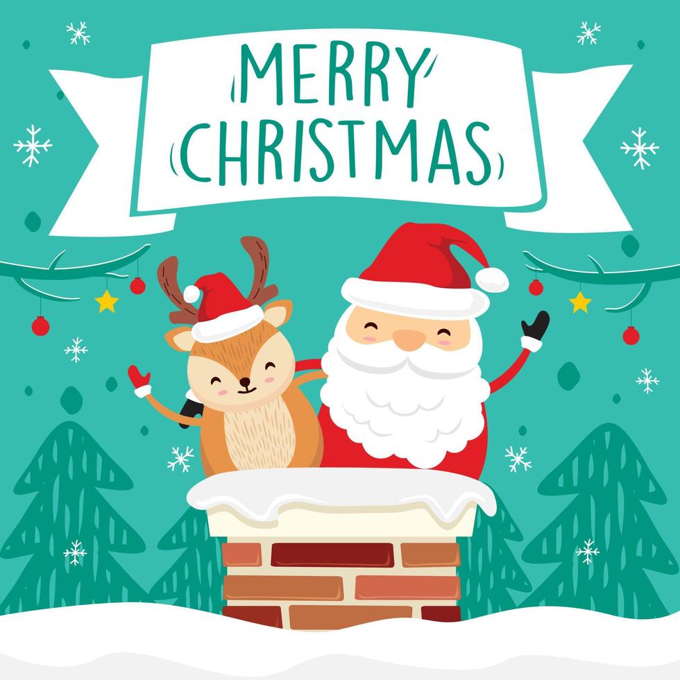 Santa Claus and Deer in Chimney Christmas Ribbon Green vector
