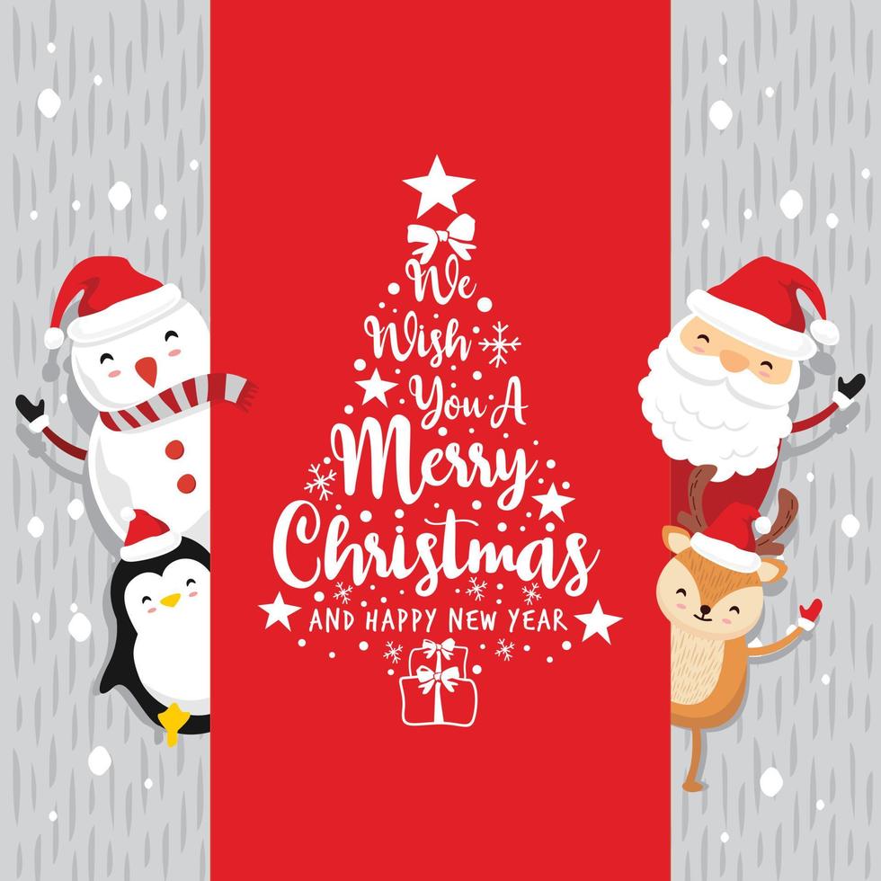 Santa Claus Deer Penguin Text Merry Christmas and Happy New Year Vintage Card Red vector