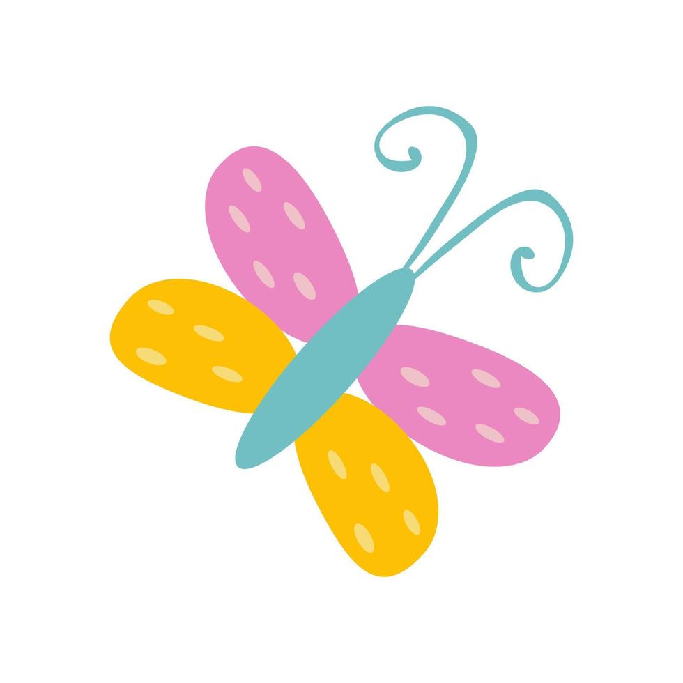 Cute butterfly drawn in simple primitive doodle style. Naive flat vector illustration isolated on white background