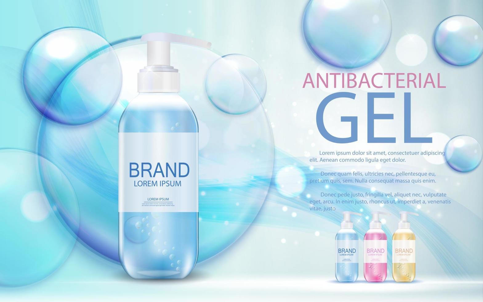 Diseñe la plantilla de productos cosméticos para anuncios o revistas de fondo. gel antibacteriano, botella de jabón 3d ilustración vectorial realista vector