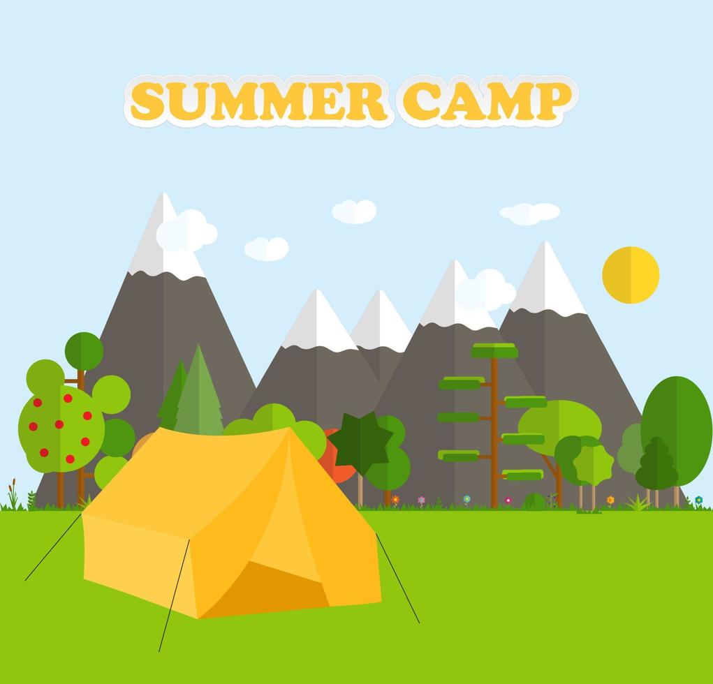 Flat cartoon style illustration nature landscape and trees. Summer Camp Concept. Vector Illustration